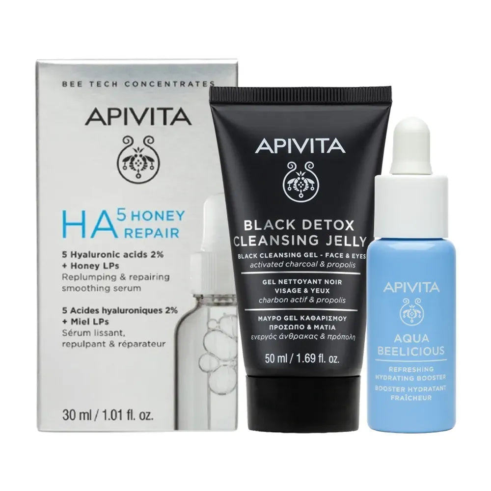 Apivita Kit Reparación e Hidratación para Mamá (HA5Honey Repair-Black Detox-Aqua Beelicious)